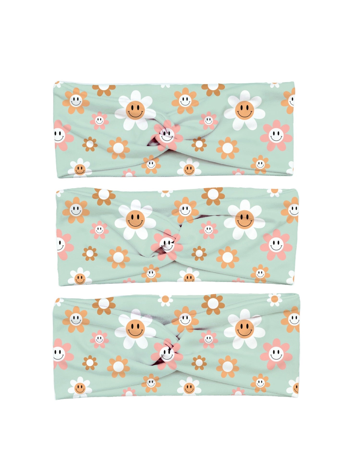 Mint Smiley Face Flowers Yoga Stretch Headband