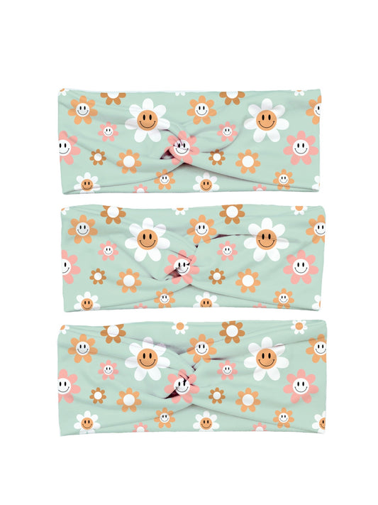 Mint Smiley Face Flowers Yoga Stretch Headband