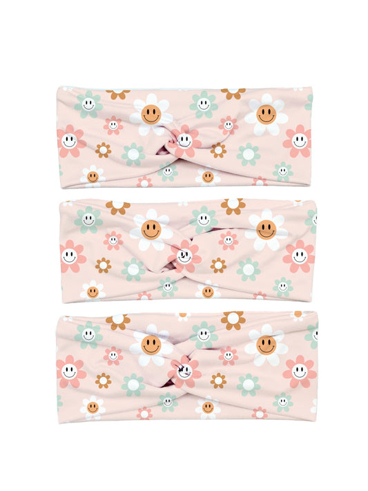 Light Pink Smiley Face Flowers Yoga Stretch Headband